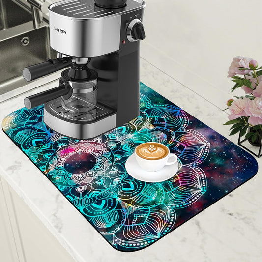 Abstract Mandala Galaxy Star Dish Drying Mat for Kitchen Counter Coffee Bar Mat Hide Stain Absorbent Rubber Backed Coffee