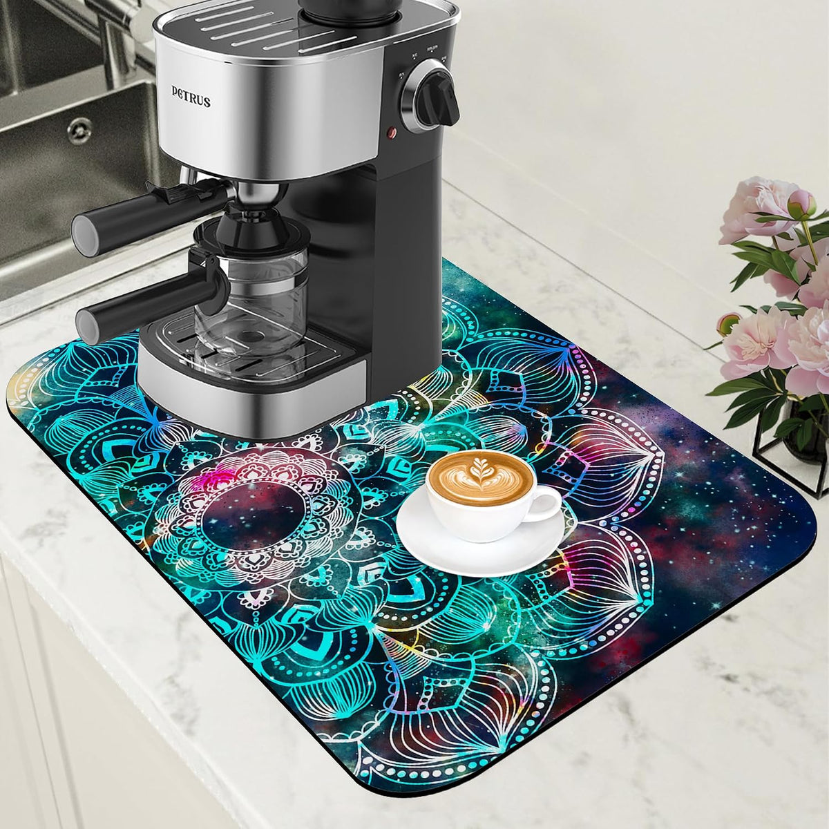 Abstract Mandala Galaxy Star Dish Drying Mat for Kitchen Counter Coffee Bar Mat Hide Stain Absorbent Rubber Backed Coffee Maker Espresso Machine Accessories 11.8 x 19.7 Inch