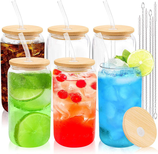 Joyclub Glass Cups with Bamboo Lids and Straws 6 Set 16 oz Reusable Iced Coffee Cup Beer Can Drinking Jars for Smoothie