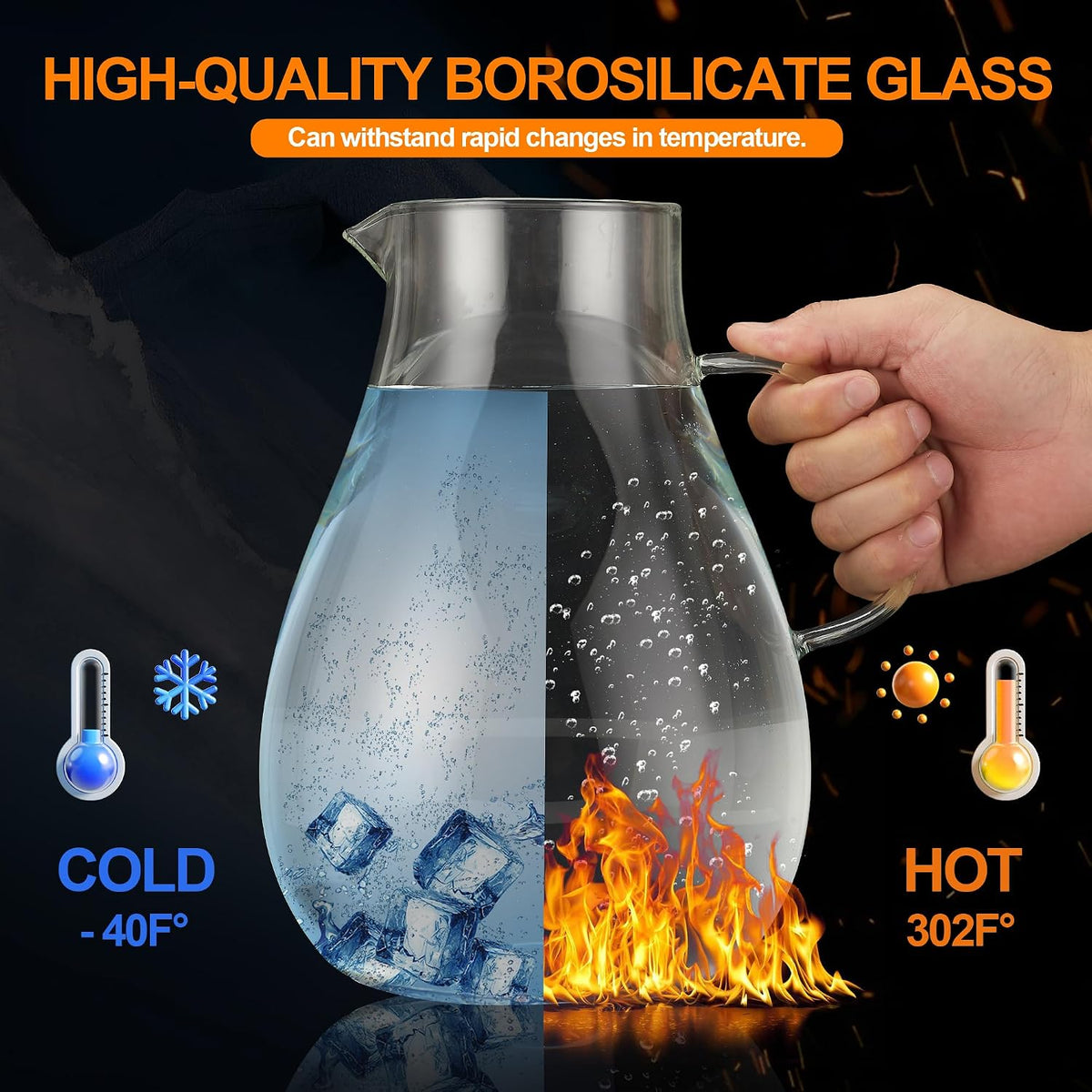 1 Gallon Glass Pitcher with Lid and Handle, Hot &amp; Cold Water Jug, Extra-Wide Mouth Beverage Carafe for Juice, Iced Tea &amp; Drinks