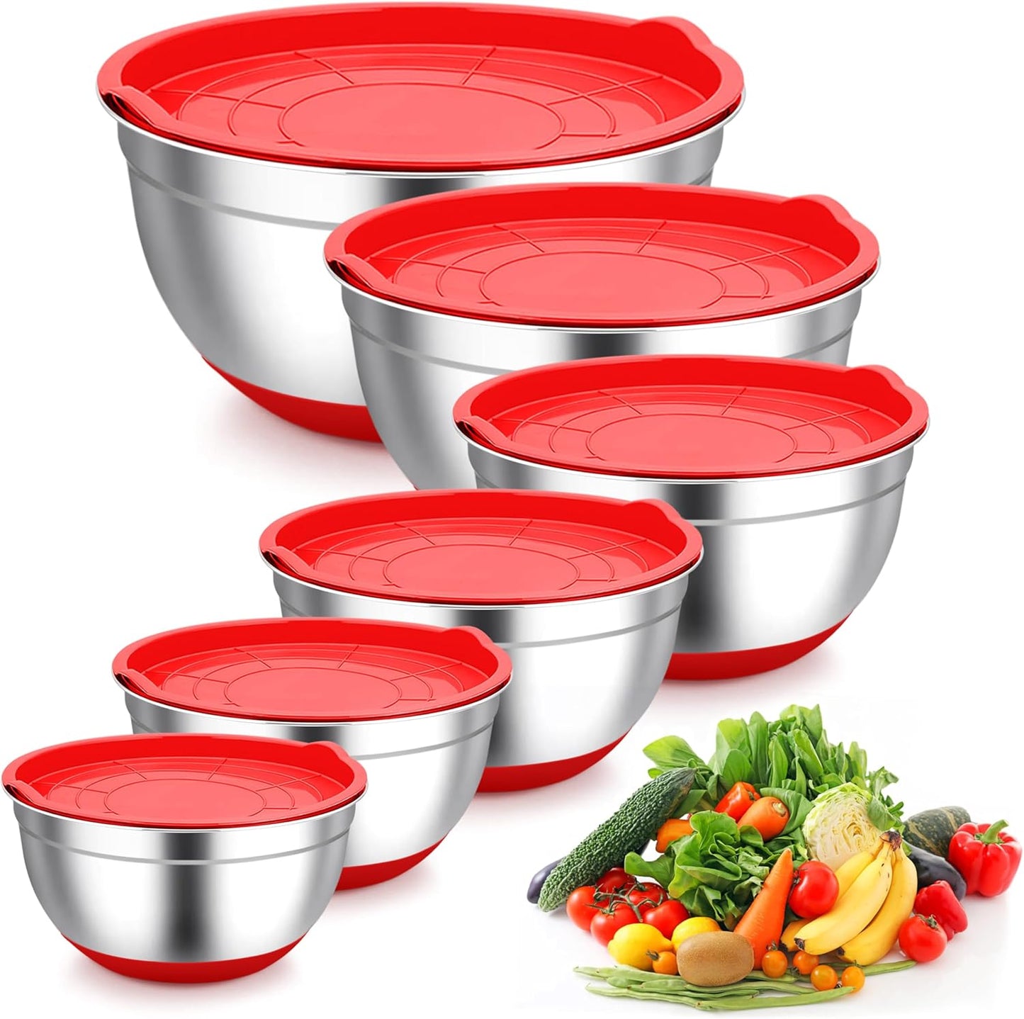 TeamFar Mixing Bowls, Red Mixing Bowls with Lids Set, Stainless Steel Nesting Salad Bowl with Air-ti
