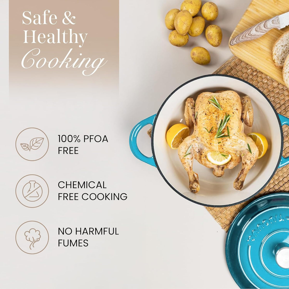 Cast Iron Pot with Lid – Non-Stick Ovenproof Enamelled Casserole Pot, Oven Safe up to 500° F – Sturdy Dutch Oven Cookware – Blue, 5-Quart, 24cm – by Nuovva