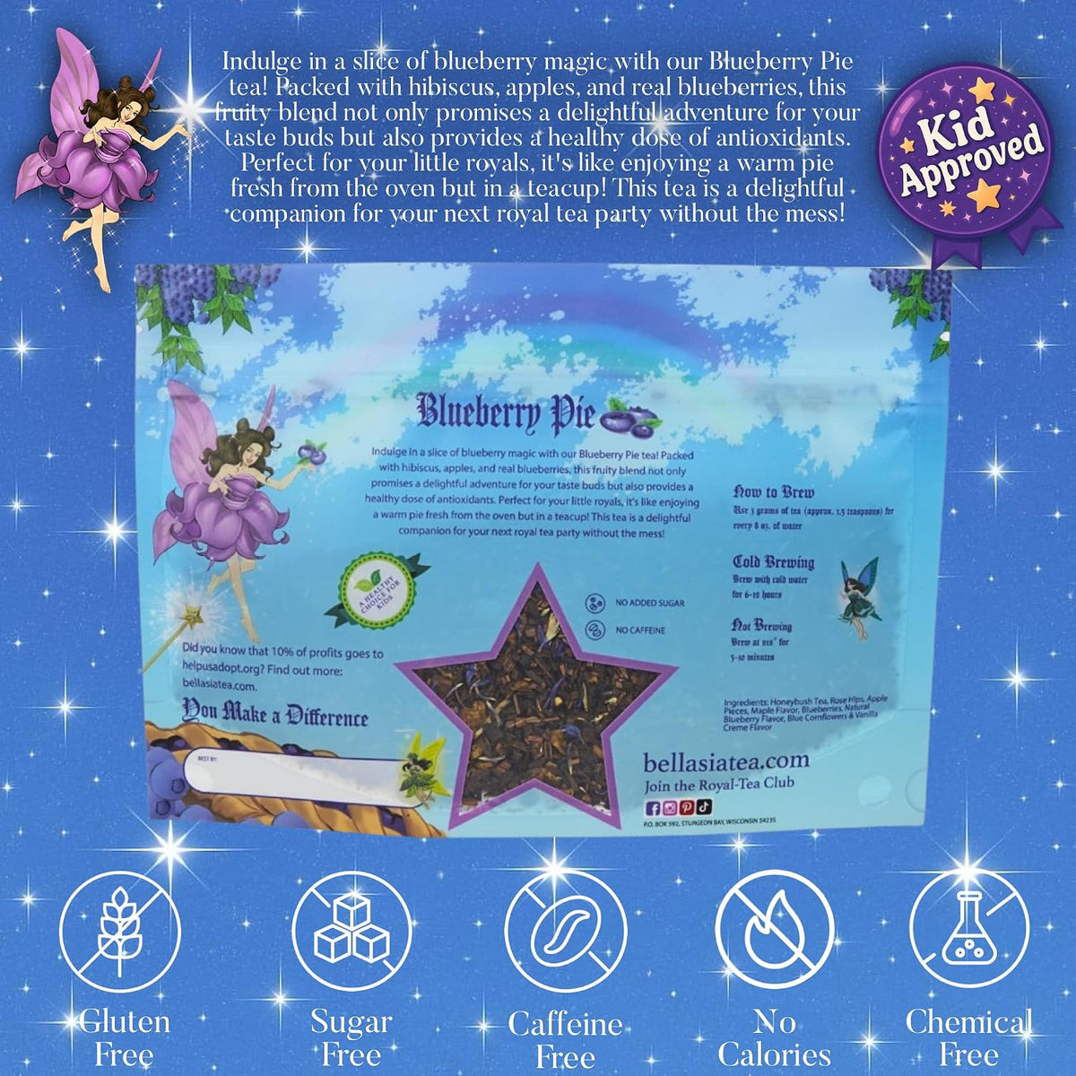 Bellasia Tea Blueberry Pie for Kids Using Real Fruit Pieces - Caffeine Free Herbal Tea Blend with Real Ingredients & Balanced