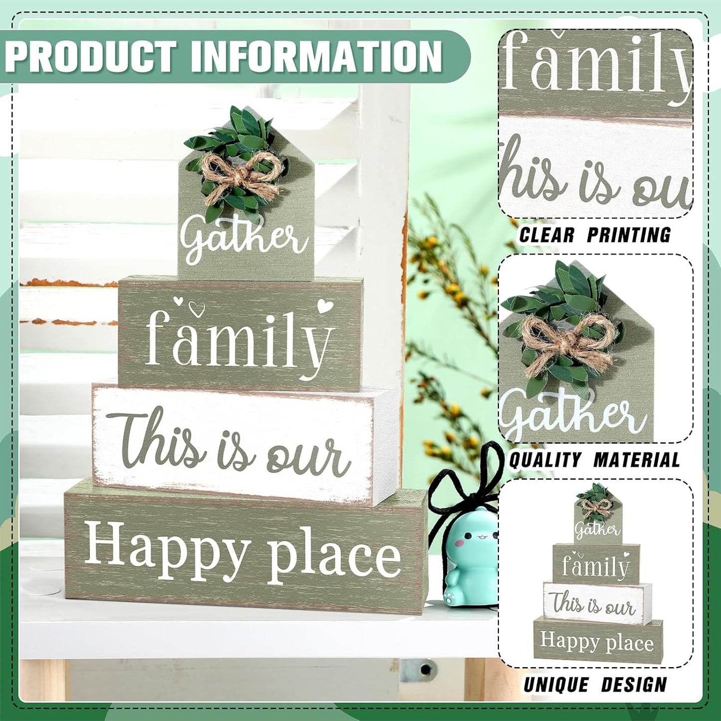 Cinnvoice 4 Pcs Farmhouse Table Decoration Rustic Sign Block,Gather Family | Sage Green Eucalyptus Wood Sign, Home Tabletop Centerpiece, Farmhouse Decor for Home Kitchen Office Shelf Mantel Decor