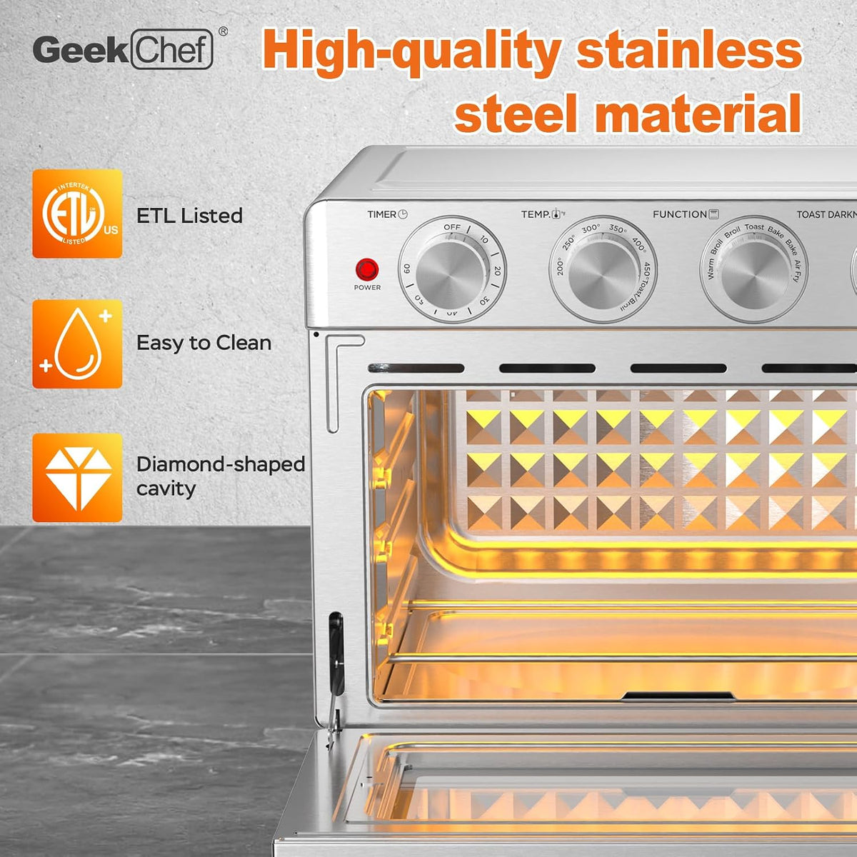 Geek Chef Air Fryer Oven 26 QT, Big Air Fryer, Toast Oven with Bake, Roast, Pizza, Easy to Use & Clean, 6 Slice Toast, Stainless Steel