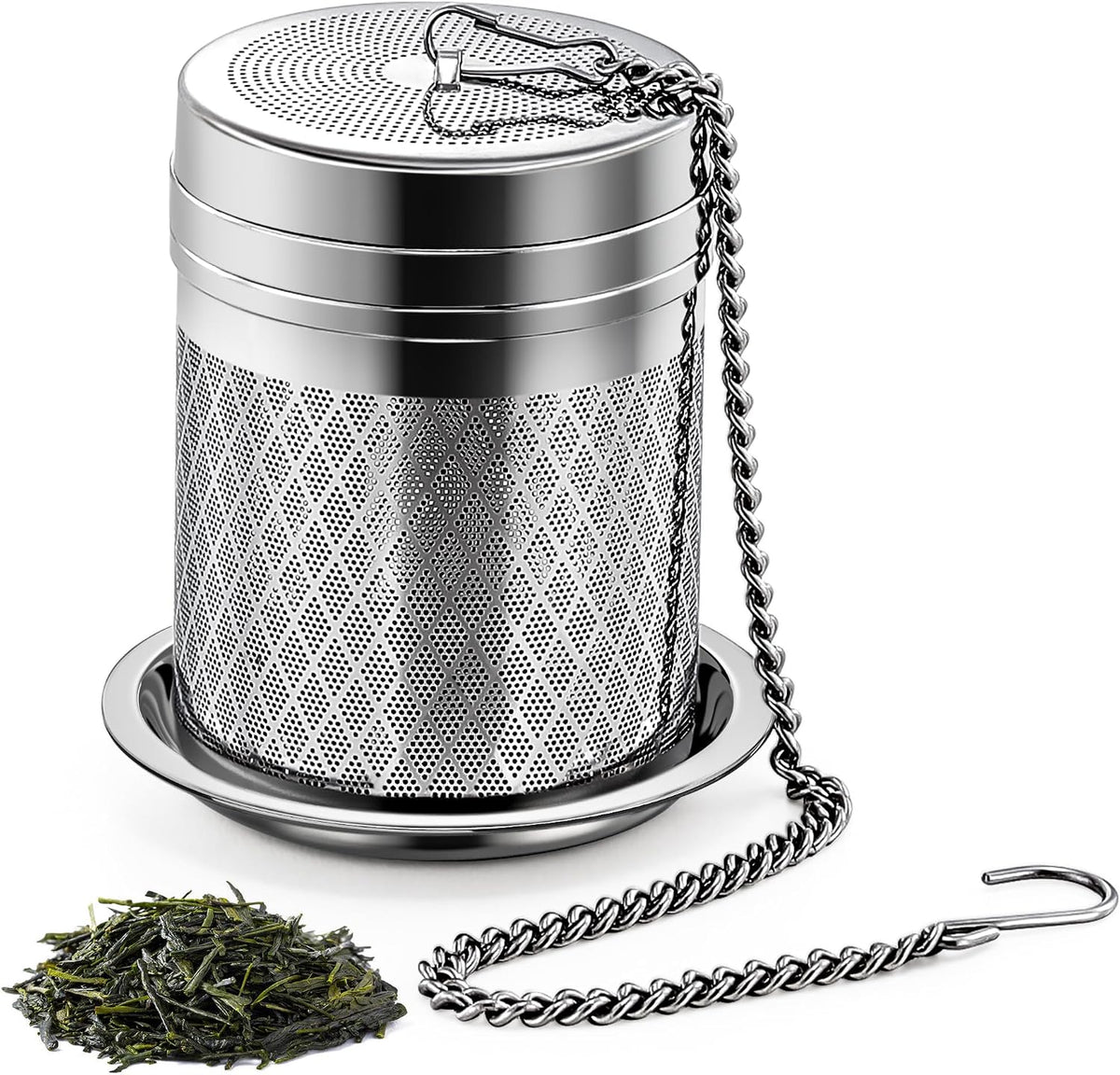 Yoassi Tea Infusers for Loose Tea, Extra Fine Mesh Tea Strainers, 18/8 Stainless Steel Loose Leaf Tea Steeper Tea Diffusers with Extended Chain Hook and Drip Tray 1 Pack