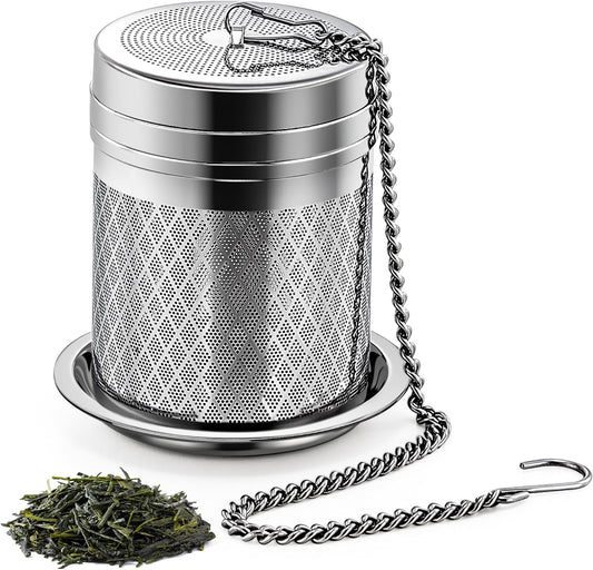Yoassi Tea Infusers for Loose Tea, Extra Fine Mesh Tea Strainers, 18/8 Stainless Steel Loose Leaf Tea Steeper Tea Diffusers with Extended Chain Hook and Drip Tray 1 Pack