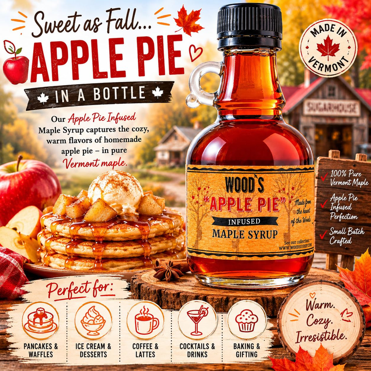 Wood’s Vermont Apple Pie Maple Syrup – Infused Vermont Maple Syrup with Warm Spices &amp; Real Apple Flavor | Small-Batch, Vegan Natural Sweetener | Perfect for Pancakes, Ice Cream, Cocktails &amp; Baking | 8.45 Fl Oz (250mL)