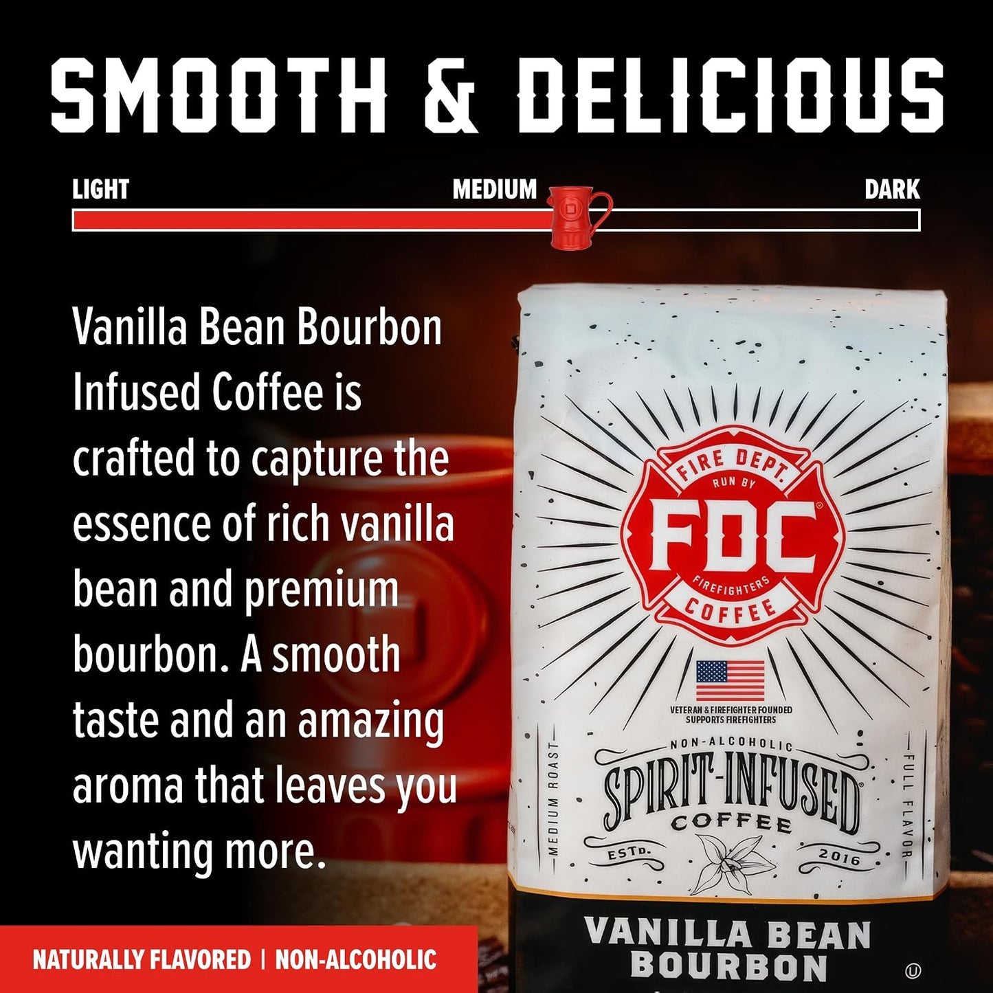Fire Department Coffee Vanilla Bourbon Infused Ground Coffee - 12 oz | Medium Roast - Non-Alcoholic - Gives Back to Firefighters - Roasted in the USA - Veteran Owned