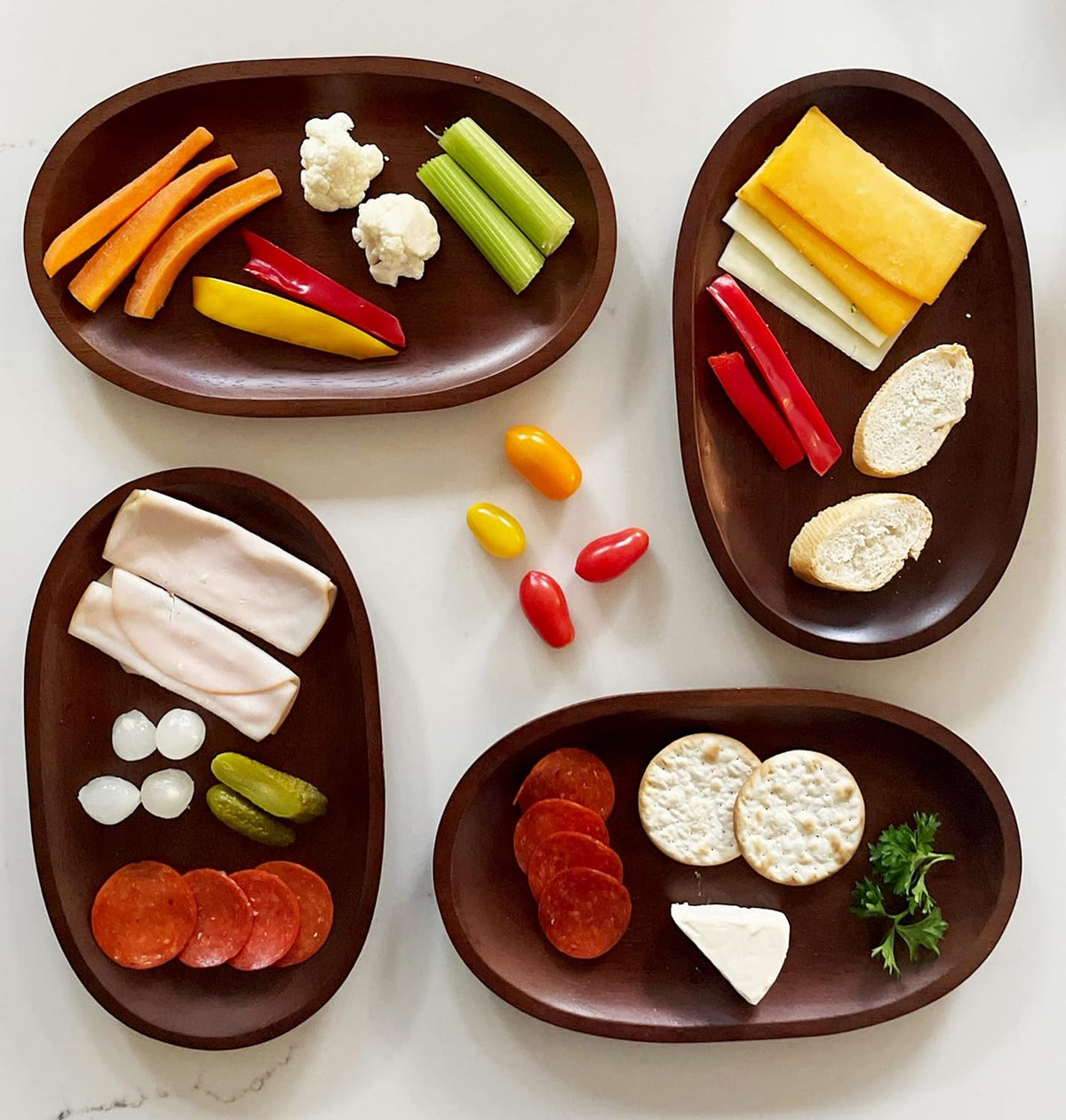Woodard &amp; Charles Wood Oval Serving Trays, 6" x 10", Walnut Stain, Set of 4 | Individual Handheld Serving Tray; Perfect for Charcuterie, Cheese, Tapas, Sushi, Crudites Appetizers and Small Bites