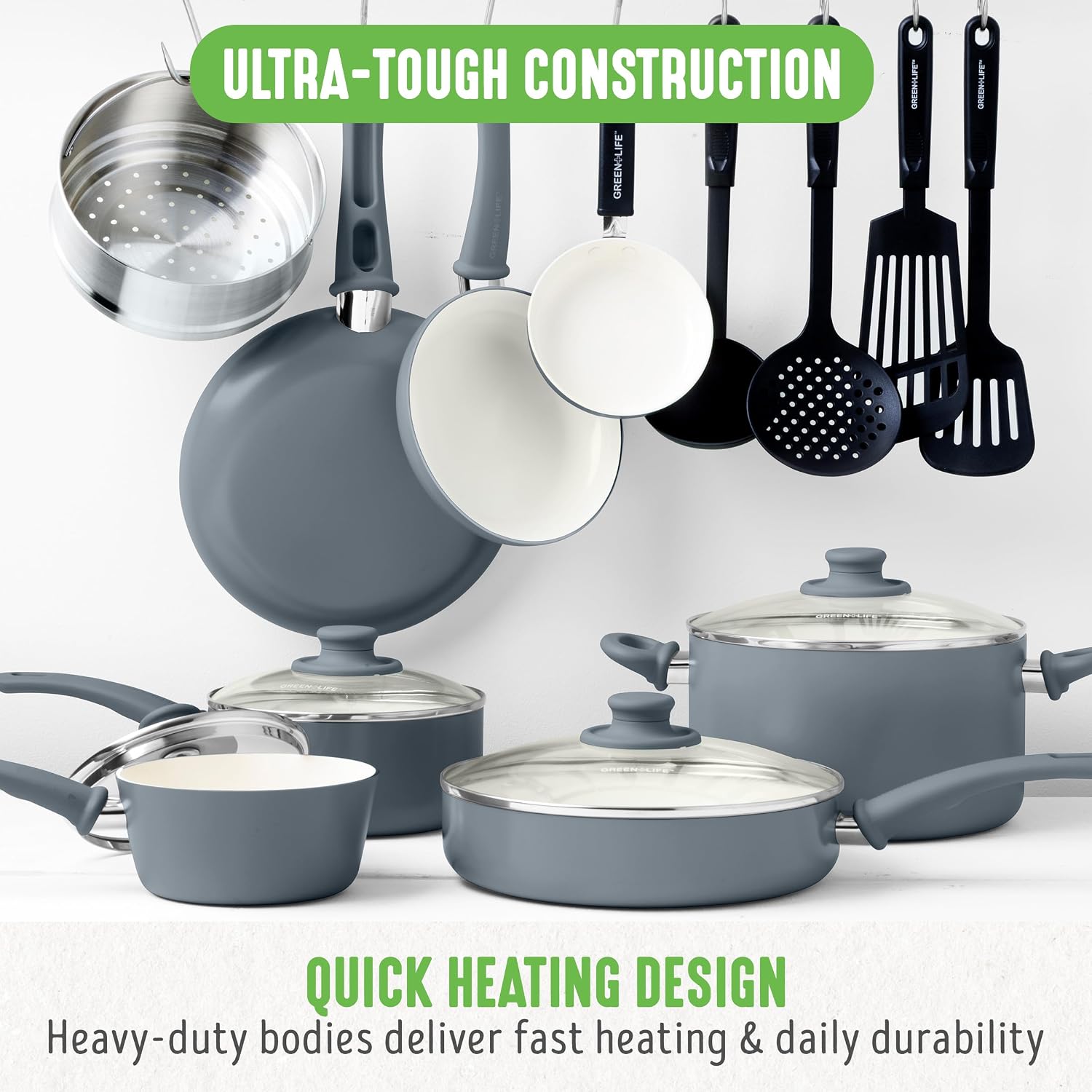 GreenLife 16 Piece Ceramic Nonstick Pots & Pans Cookware Set, Gray | PFAS-Free Nonstick Coating, Stockpot, Frying Pans