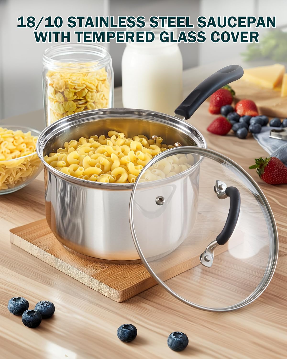Cook N Home 1 &amp; 2 Quart Stainless Steel Saucepan Sets with Lid, Induction Compatible Milk Pots, Stay-Cool Silicone Handle, Mirror Polished 18/10 Cookware, Dishwasher Safe