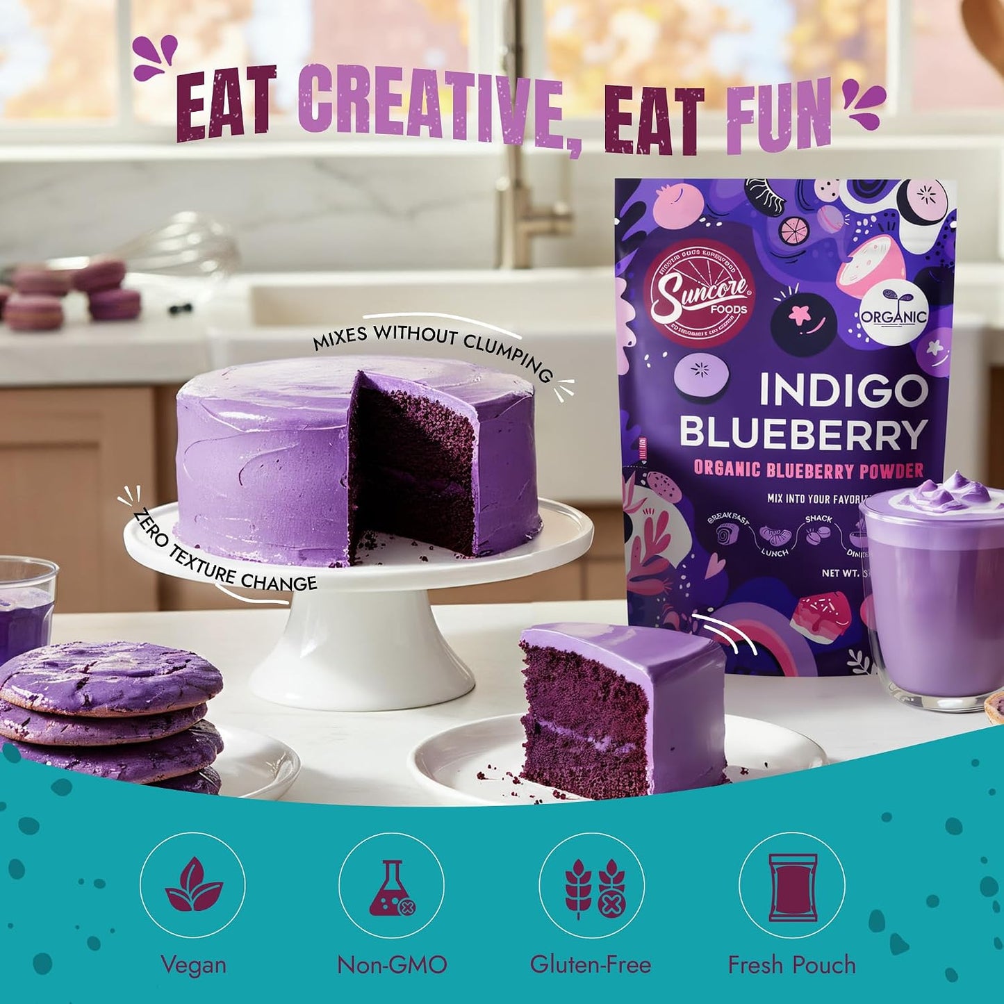 Suncore Foods Organic Indigo Blueberry Powder 5oz | Gluten Free | Vegan | Natural Purple Food Coloring, Single Ingredient Superfood, For Baking, Desserts, Smoothies, Drinks, Non-GMO, Resealable Pouch