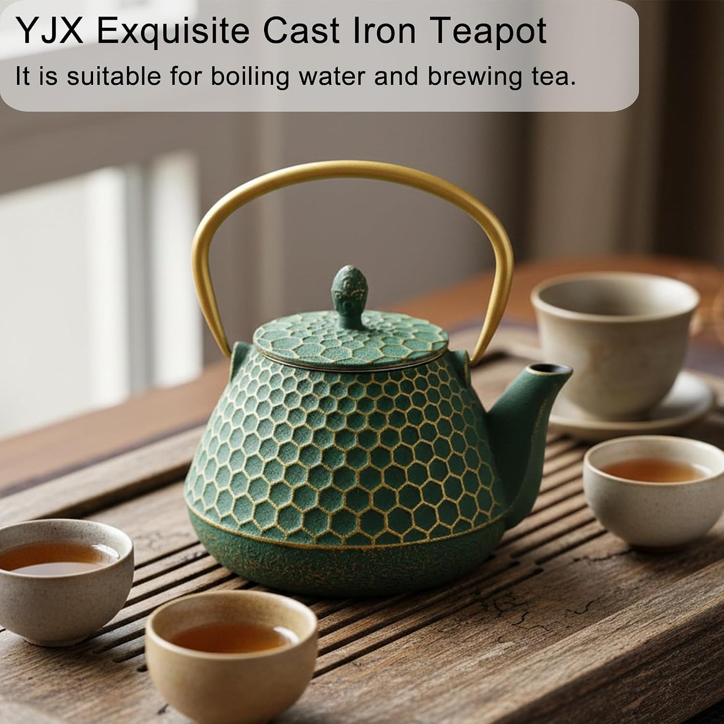 YJX 34oz Cast Iron Tea Kettle for Stovetop, Green Tea Pot for Loose Tea
