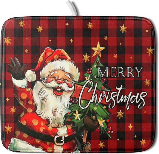 Merry Christmas Santa Claus Red Buffalo Plaid Dish Drying Mat for Kitchen Counter,Winter Snowflake Xmas Tree Drying Mat 16 x