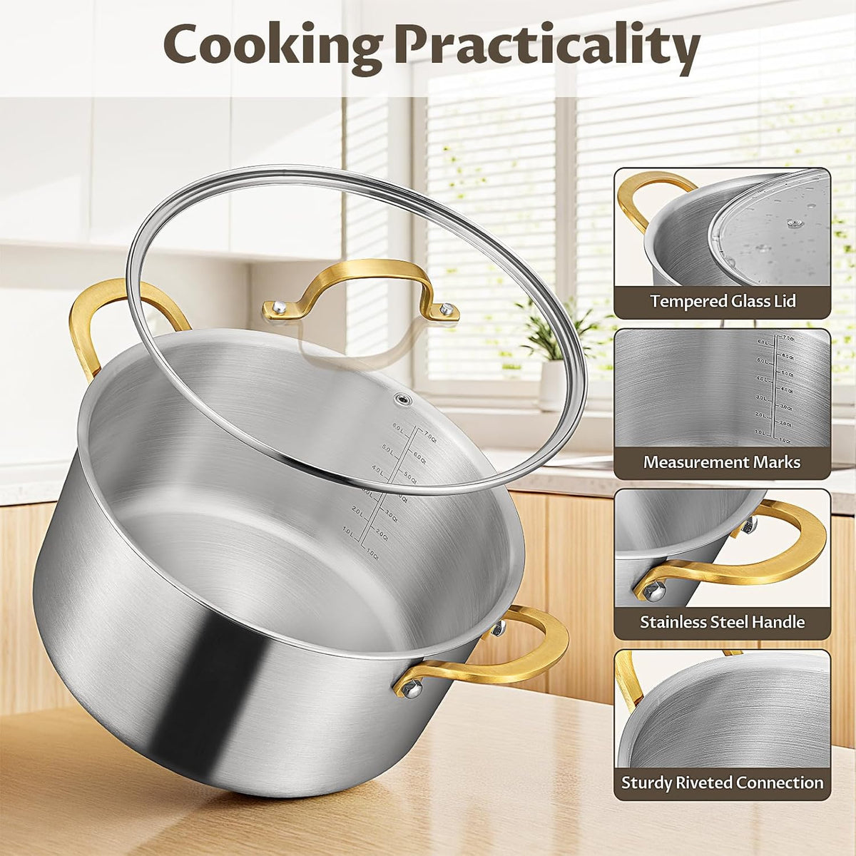 BEZIA 10 Quart Tri-Ply Stainless Steel Stock Pot, Nonstick Stockpot with Sturdy & Double Handle, Even Heating, Induction Cooking Pot for All Stoves, Large Soup Pot for Catering，Groups, Events, Silver