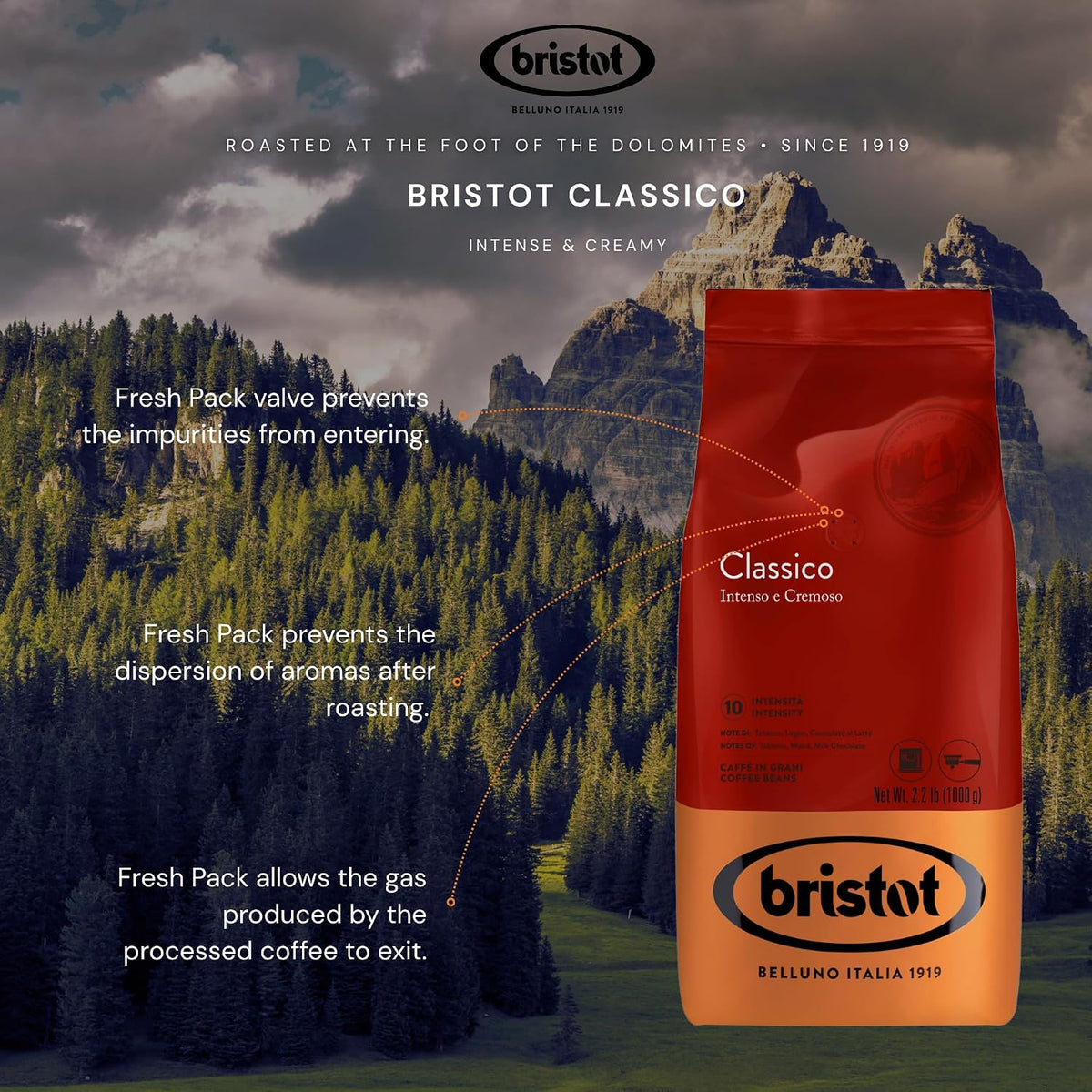 Bristot Classico Espresso Beans – Intense &amp; Creamy Medium Roast – Italian Whole Bean Coffee – 2.2 lb (1000g) Bag