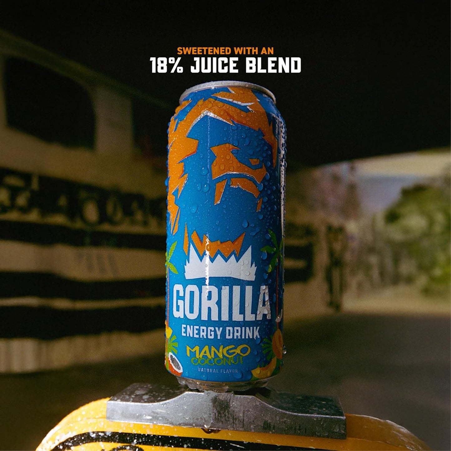 Gorilla Energy Drink, Mango Coconut, 200mg Natural Caffeine, Real Fruit Juice Squeezed &amp; Concentrated, L-Theanine, Taurine, Ginseng, Acetyl L-Carnitine, No Added Sugar and No Artificial Colors, 12 Pack