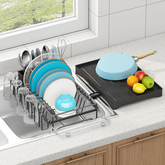 ANTOPY Dish Drying Rack in Sink, Expandable Rustproof Dish Rack for Kitchen Counter, Over The Sink Dish Drainer with Utensil
