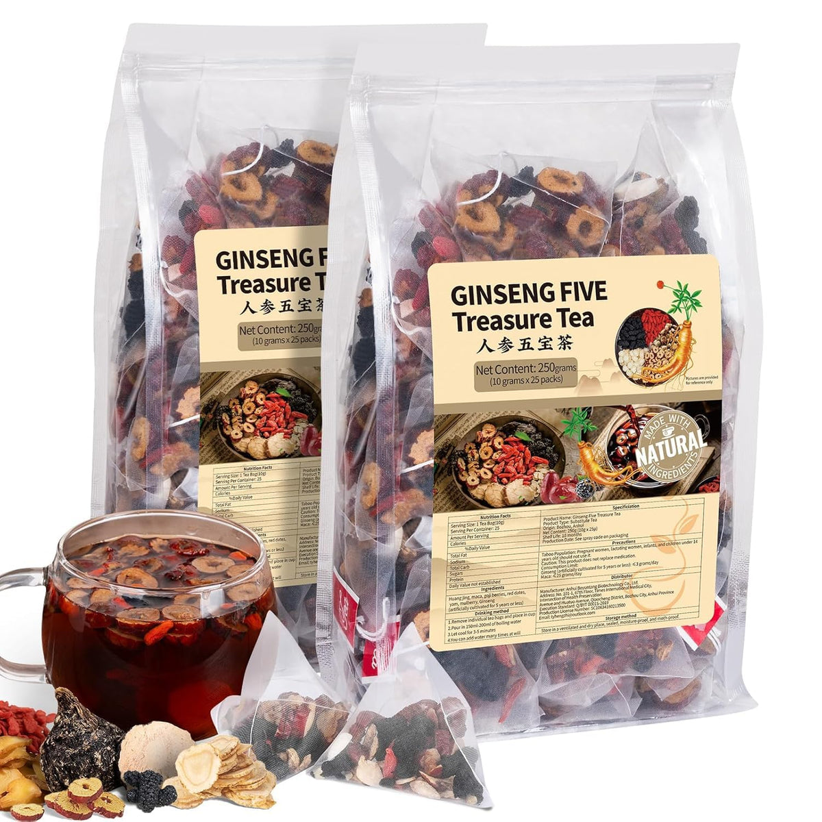 Ginseng Five Treasures Kidney Tea, Traditional Chinese Herbal TeaBags, Natural Kidney Cleanse Detox Tea for Women &amp; Men, 7 Precious Ingredients Formula (2 Pack/50 Bags)