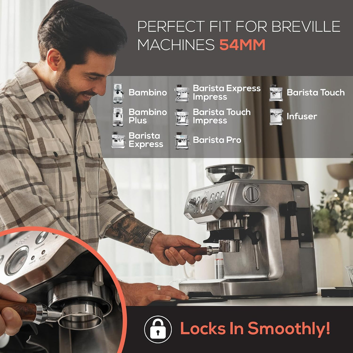 54mm Bottomless Portafilter 18-21g Precision Basket with 950 Laser-Cut Holes for High Extraction Compatible for Breville Barista Express, Pro, Touch, Impress, Bambino, Bambino Plus and Infuser