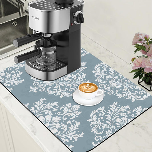 Dish Drying Mat Blue Damask Floral Coffee Bar Mat for Countertop - Absorbent, Rubber Backed, Hide Stain Dish Drainer Rack -