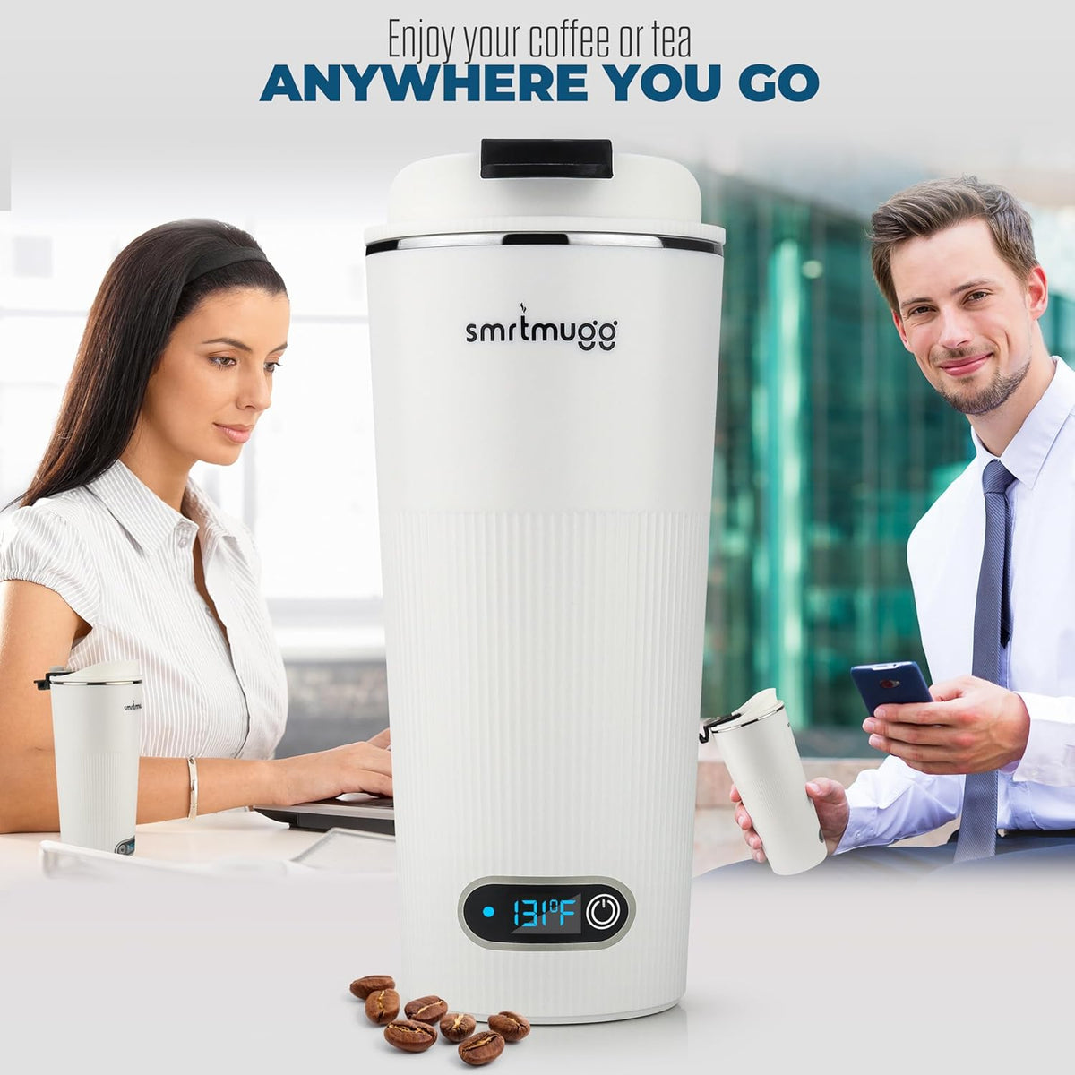 GO Heated Coffee Mug, Travel Mug, 13.5 OZ. Smart Mug, Battery Powered Heated Coffee Mug, Great for Coffee and Tea, Snap on Magnetic Charging Cord, New and Improved (White)