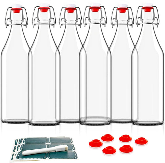 Otis Classic Swing Top Glass Bottles - Set of 6, 16oz w/Marker & Labels - Clear Bottle with Caps for Juice, Water, Kombucha,