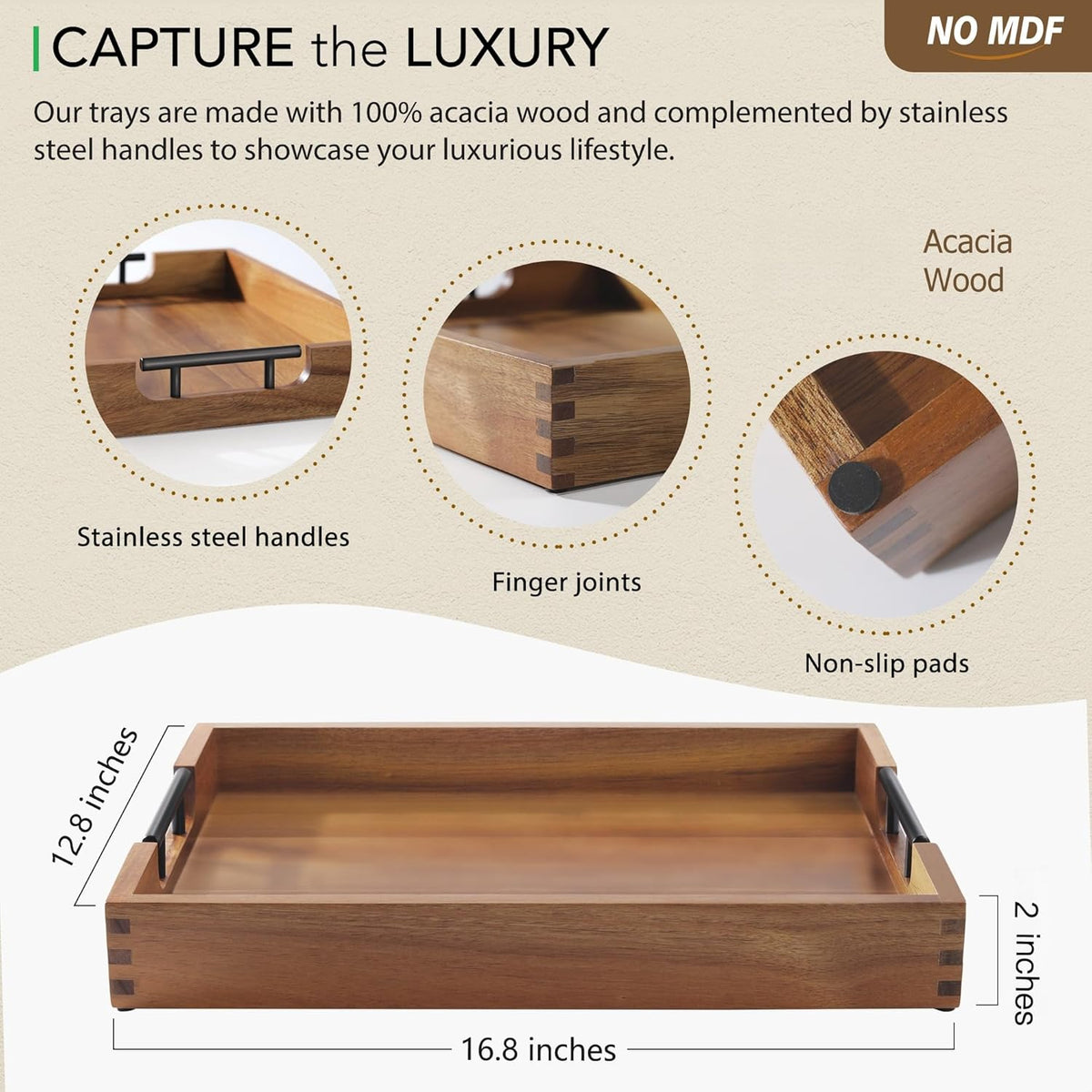 Joy&amp;Grace Acacia Wood Ottoman Tray with Handles 16.7" x 12.8" | Large Acacia Wooden Serving Tray for Coffee Table Living Room, Breakfast in Bed, Food Dinner, Kitchen, Couch (Color Natural)