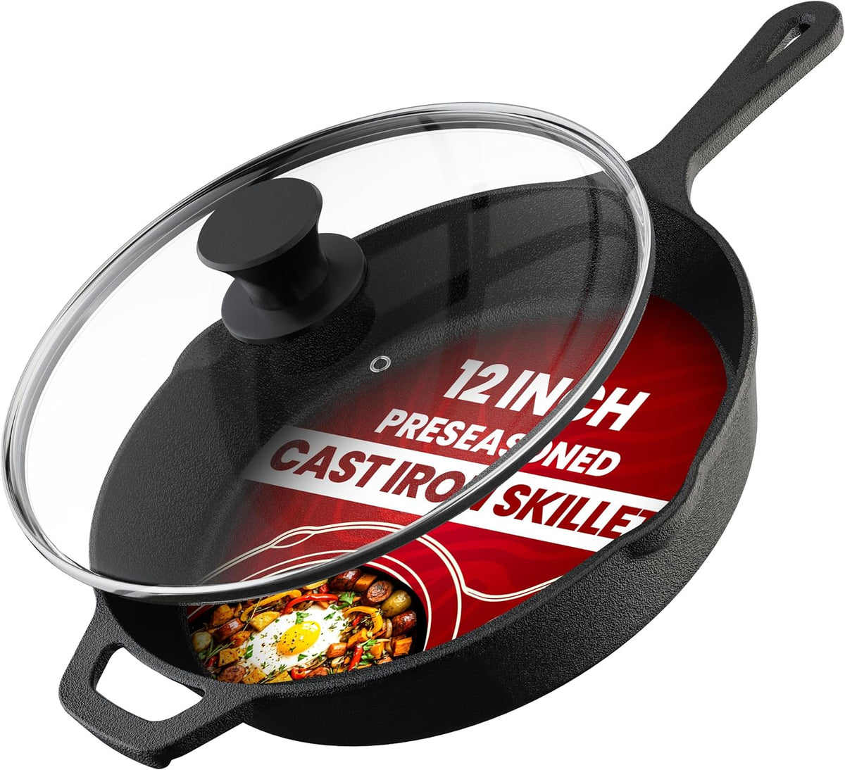 Utopia Kitchen Saute Frying Pan 12 Inch, Cast Iron Chefs Pan, Pre Seasoned Cast iron Skillet With Lid, Safe Grill Cookware for Indoor & Outdoor Use, Black