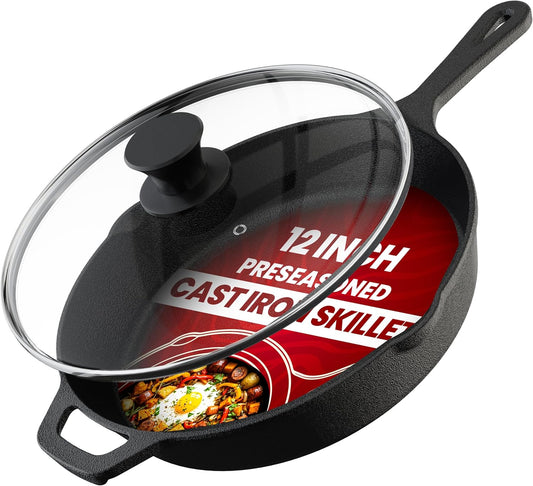 Utopia Kitchen Saute Frying Pan 12 Inch, Cast Iron Chefs Pan, Pre Seasoned Cast iron Skillet With Lid, Safe Grill Cookware for Indoor & Outdoor Use, Black