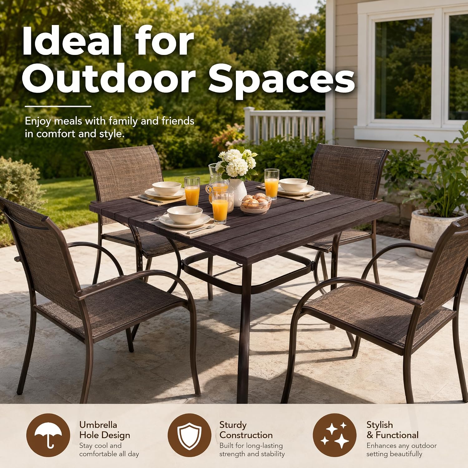Anmutig 37" Outdoor Dining Table with 1.6" Umbrella Hole, Brown | Square Plastic Patio Table with Metal Steel Frame for