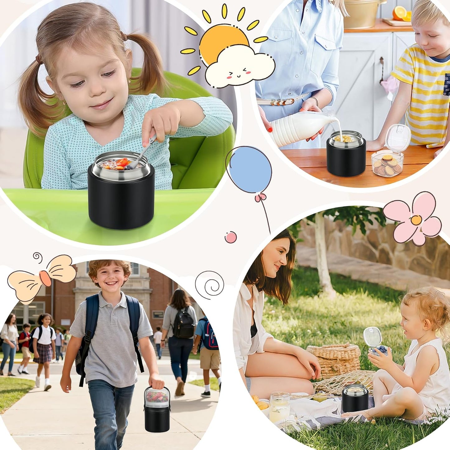 14 oz Soup Thermo for Hot Food with 7 oz Snack Container, Leak-Proof Insulated Lunch Container Kids and Adults, Stainless Steel Double Wall Vacuum Wide-mouth Thermal with Spoon and Handle-Black