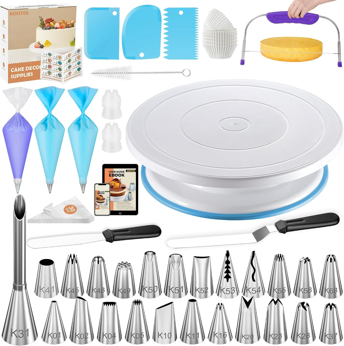 Kootek 96 Cake Decorating Kit Baking Supplies for Beginner &amp; Professional | Cake Stand Turntable, 24 Icing Piping Tips, 30+2 Disposable Reusable Pastry Bag, Cake Leveler, Video Tutorial, Pattern Chart