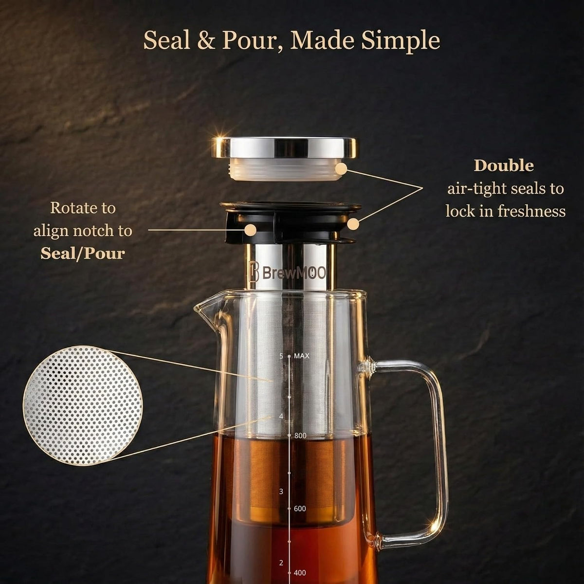 BrewMOO- Airtight Cold Brew Coffee Maker Pitcher, 1.0L/34Oz Thick Glass Carafe with Filter, Comfort Sturdy Handle &amp; Wide Spout, Non-Slip Base | Iced Tea Maker (Black)
