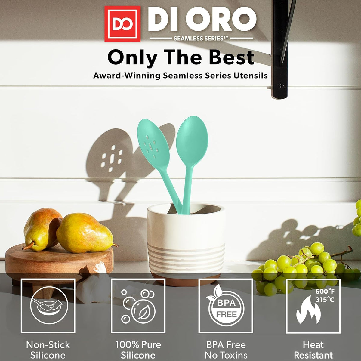 DI ORO Silicone Spoons for Cooking - Large Kitchen Spoons for Mixing, Serving, & Stirring - 600°F Heat-Resistant Non Stick Utensils – Big Solid & Slotted Basting Spoons - Dishwasher Safe (2pc, Mint)