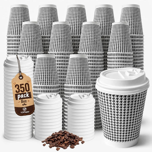 TOPtoper 350 Pack 8 oz Insulated Disposable Coffee Cups with Lids, Double Wall Corrugated Paper Hot Cups Bulk To Go Disposable Cups for Hot Beverage or Cold Drinks Ideal for Cafes