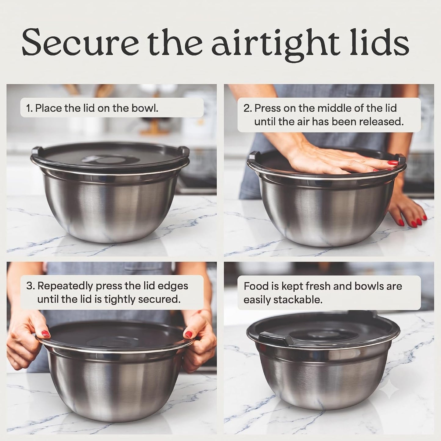 Stainless Steel Mixing Bowls with Lids, 5-Piece Nesting Set | Set includes 5, 3, 1.5, 1 &amp; .75 Quart Dishwasher Safe Metal Bowls for Kitchen, Meal Prep, Baking, Cooking, Storage