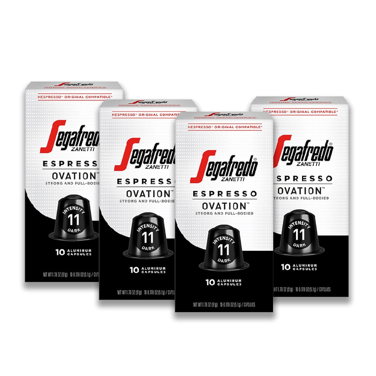 Segafredo Zanetti Espresso Capsules - Ovation, 4 Packs of 10 Pods | Dark Roast, Aluminum Pods for Nespresso Original Machines, Premium Espresso with a Full-Bodied Aroma, Strong, Intensity 11