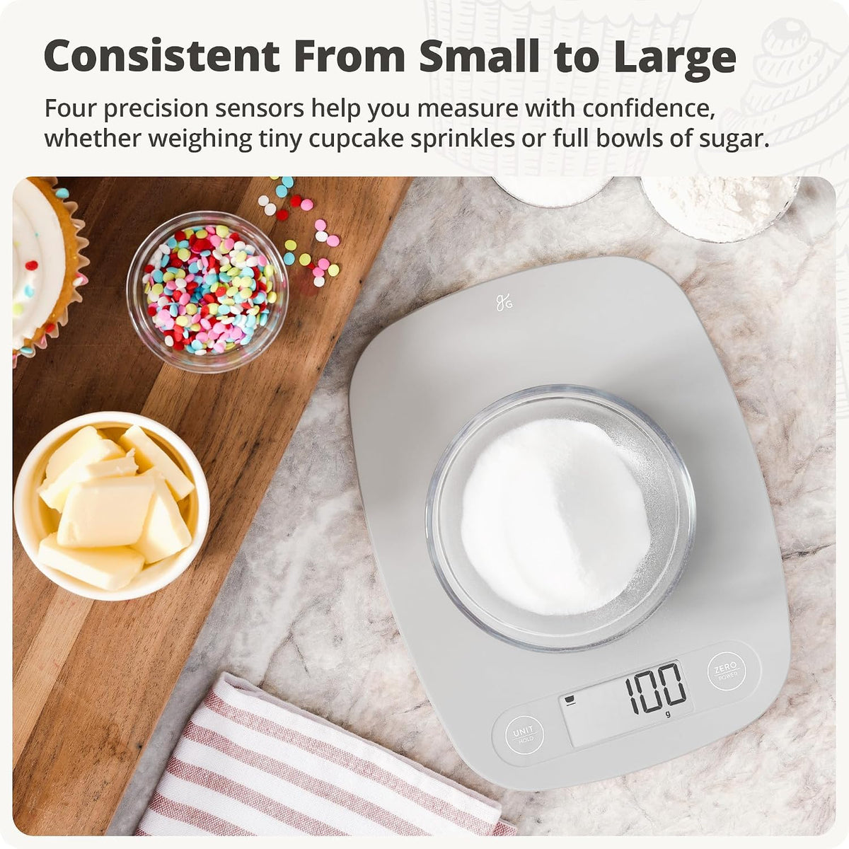 Greater Goods Food Scale, Slim &amp; Compact Build, 1g Precision (Ash Gray) | Digital Kitchen Scale for Cooking, Meal Prep &amp; Portion Control, Tare, Auto Shut-Off, g/oz/lb/ml Conversion &amp; Calorie Tracking