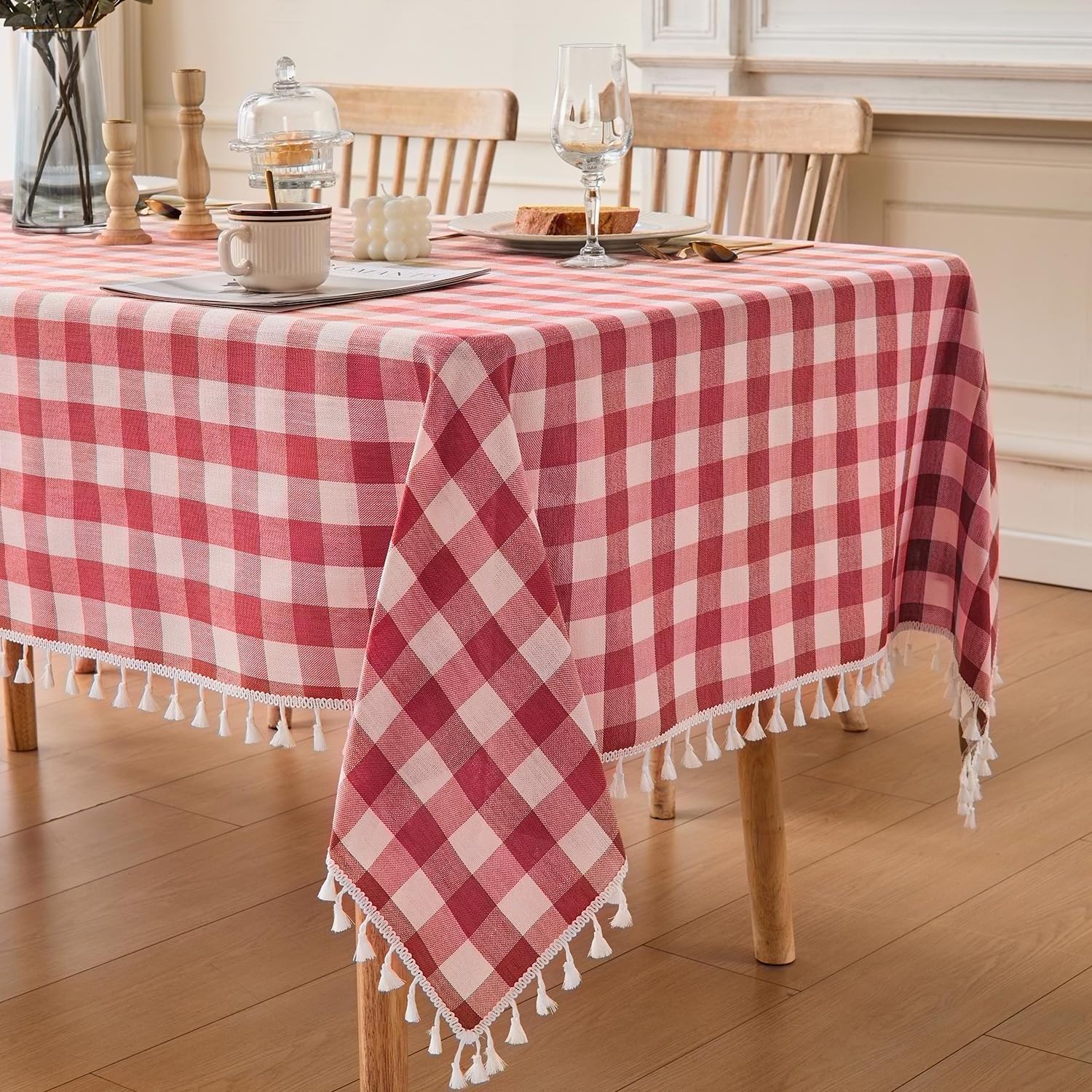 JIALE Gingham Tablecloth Square Cotton Linen Fabric Checkered Table Cloth with Tassel Washable Wrinkle Free Buffalo Plai