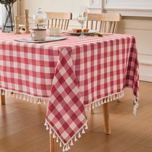 JIALE Gingham Tablecloth Square Cotton Linen Fabric Checkered Table Cloth with Tassel Washable Wrinkle Free Buffalo Plai