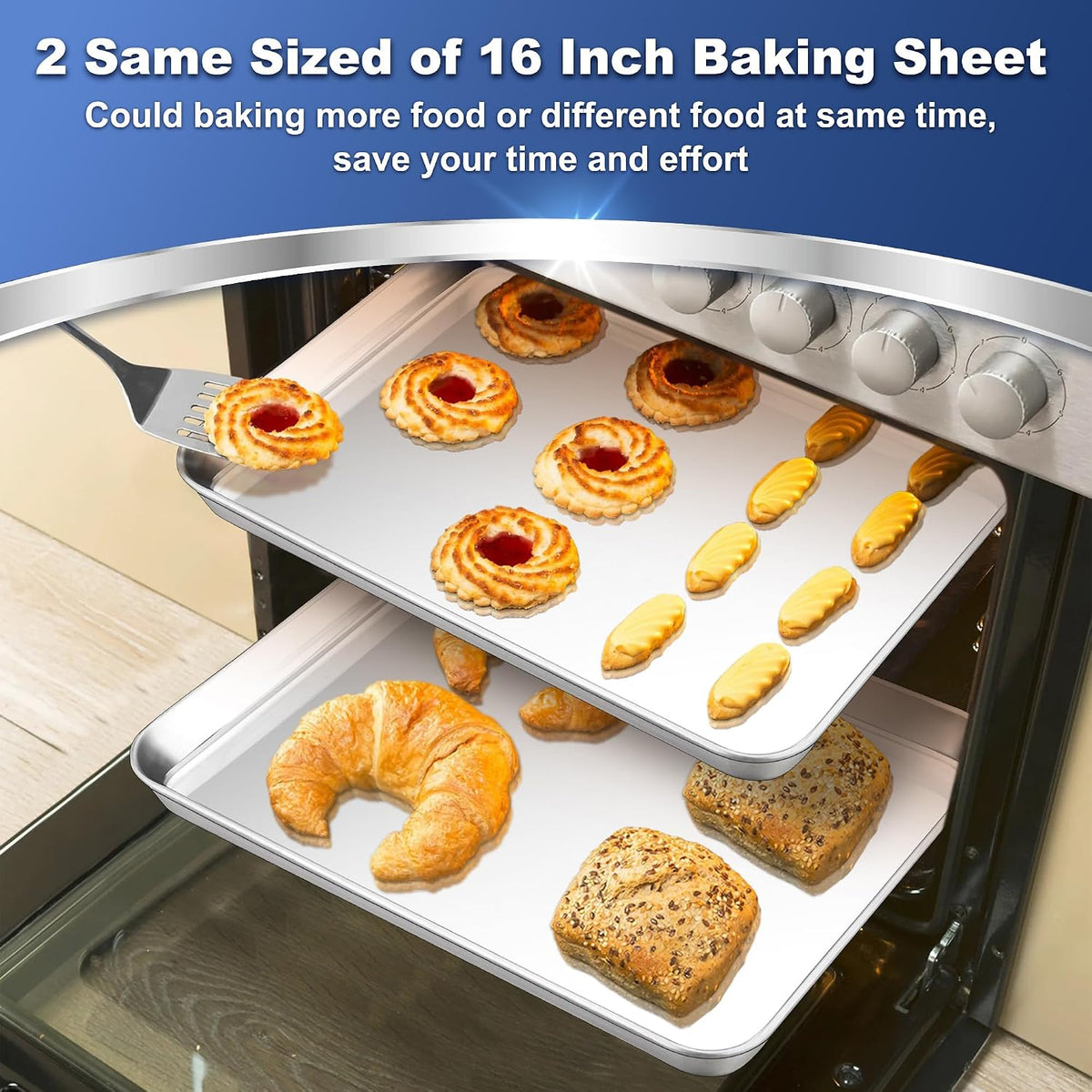 P&amp;P CHEF Baking Sheet Pan, Stainless Steel Cookie Sheet, 16 Inch &amp; 2 Pcs | Oven Tray Sheet Pan for Baking &amp; Serving, Baking Tray for Multi Uses, Heavy Duty &amp; Non-toxic, Rust Free &amp; Dishwasher Safe