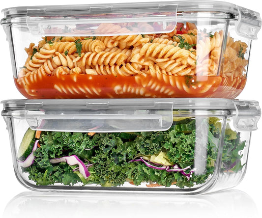 Vtopmart 2Pack 1860ml/ 63oz Large Glass Storage Containers with Lids, Meal Prep Food Container Set with Snap Airtight Lid for Baking, Microwave, Oven, Leak Proof, for Freezer, Dishwasher, Grey