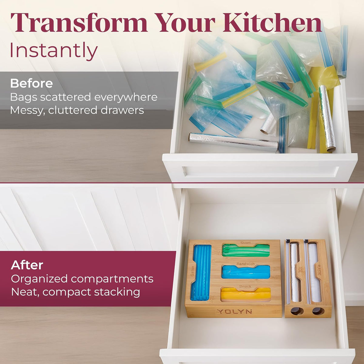 Bamboo Kitchen Storage Bag Organizer, Drawer Organizer with Foil Dispenser, Bamboo Organizer for Sandwich Bags, Plastic Wrap, Baggie and Foil, Premium Kitchen Drawer Organizer
