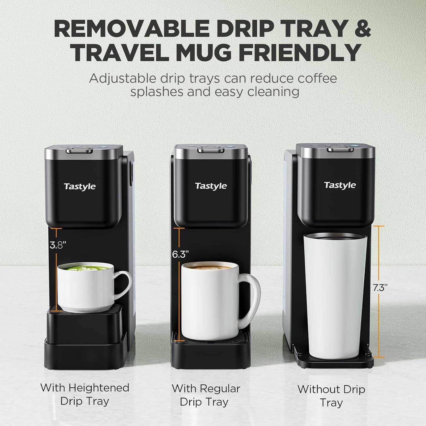 Tastyle Single Serve Coffee Maker with Built-in Detachable Milk Frother | For K Cups &amp; Grounds, 40oz Removable Water Tank, 6 Brew Sizes, 2 Drip Trays, BPA Free, Fits 7.3" Travel Mug, K330MF, Black