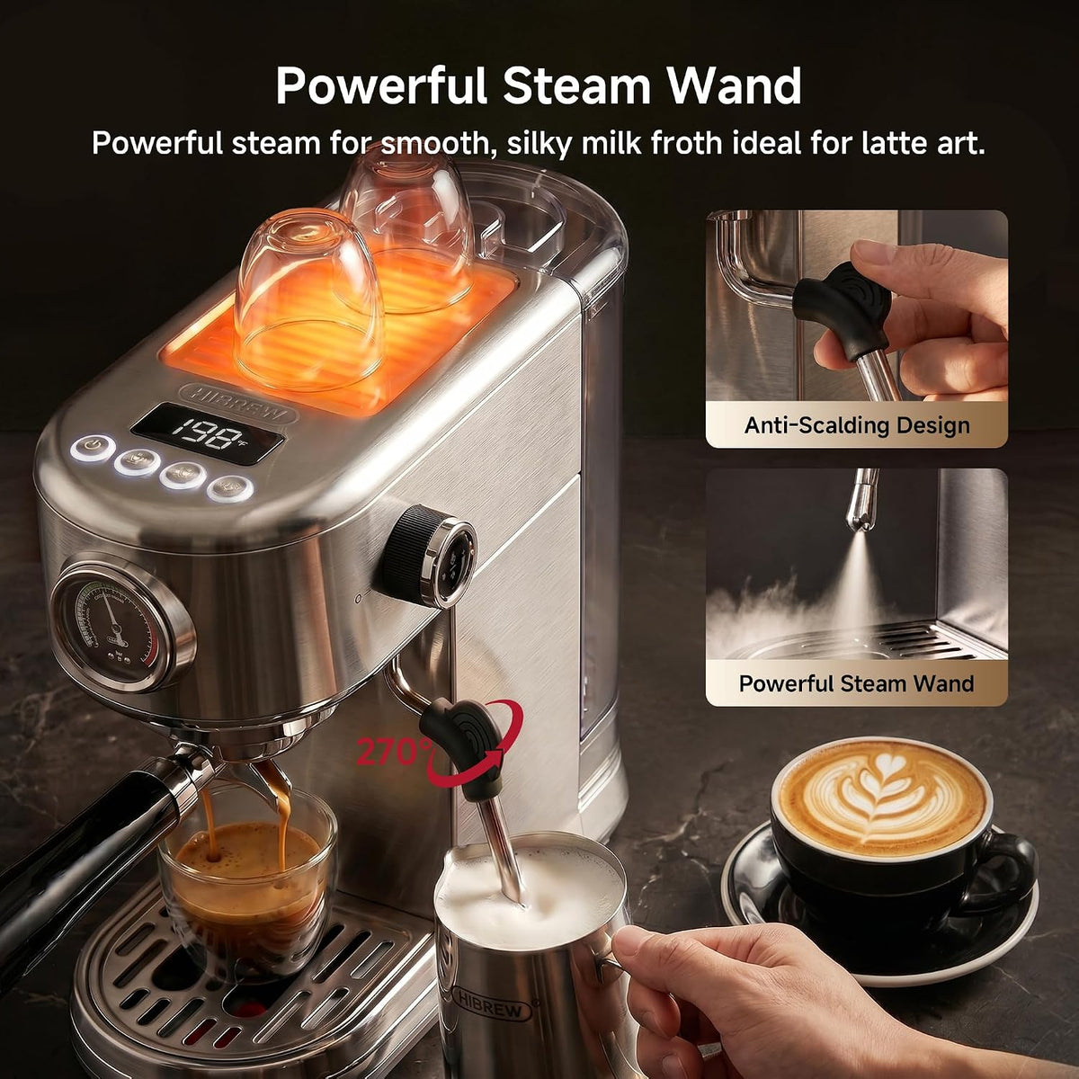 HIBREW H10B Programmable Espresso Machine with LED Display &amp; Pressure Gauge | 20 Bar Compact Stainless Steel Coffee Maker with Milk Frother, 51mm Portafilter for Cappuccino Latte
