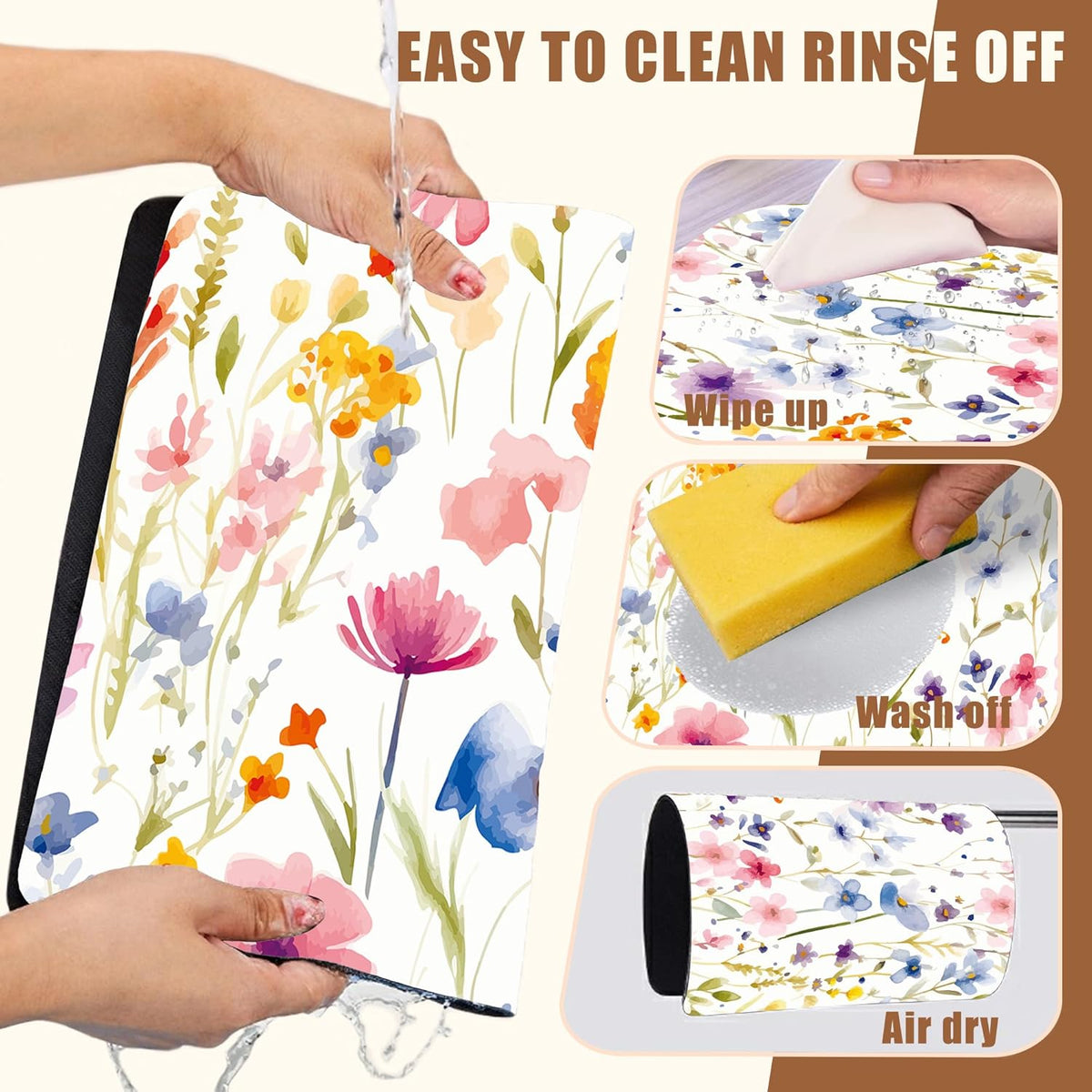 Watercolor Floral Meadow Coffee Mat Absorbent Dish Drying Mat for Kitchen Counter Hide Stain Rubber Backed Coffee Bar Accessories Fit Under Espresso Machine, 15.7 x 23.6 Inch