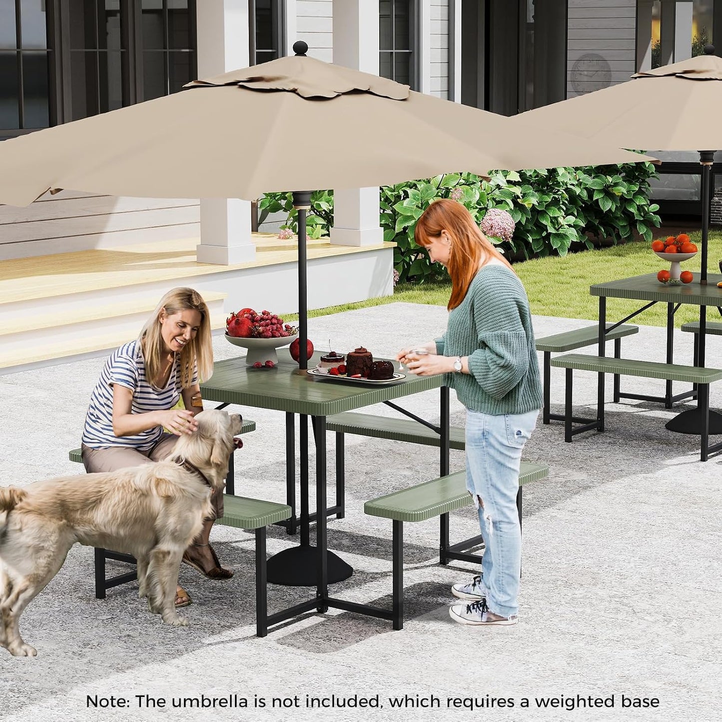Giantex Picnic Table Bench Set for 4-8 People, 34" Outdoor Square Dining Table & 2 Benches w/Umbrella Hole, HDPE Tableto