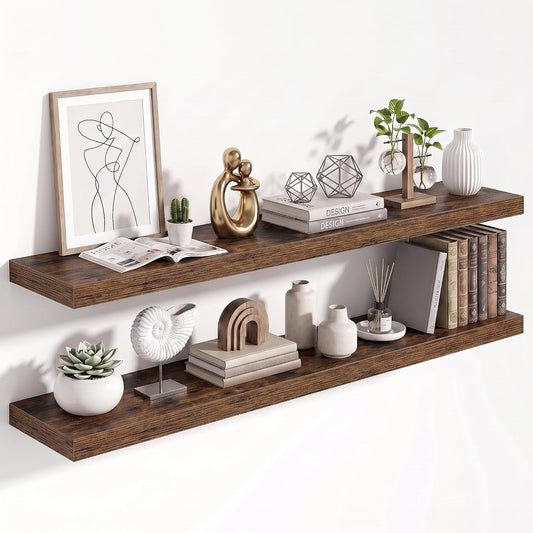 40" Floating Shelves for Wall, Wooden Wall Mounted Shelf, Set of 2, Brown